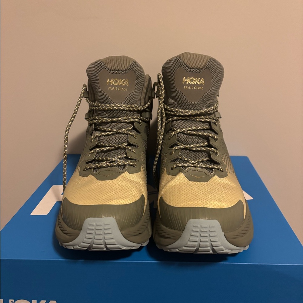 Hoka High-Top Trail Shoes in Olive and Beige - Picture 2 of 5